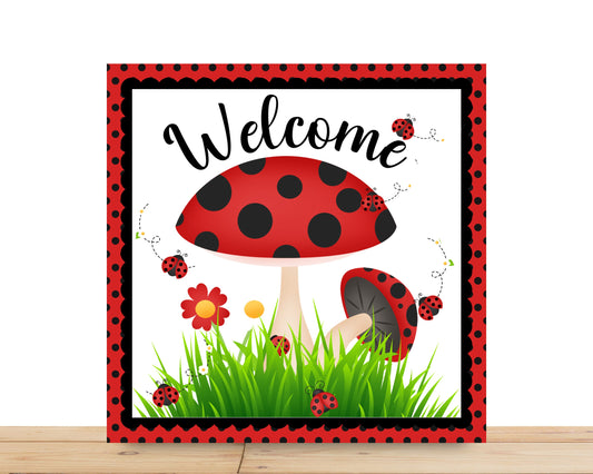 Ladybug Wreath Sign, Welcome Ladybug Square Metal Sign, Sign For Wreath, Desert Wreath Signs