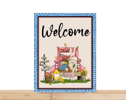 Easter Wreath Sign, Welcome Gnome Easter Truck Rectangle Metal Sign, Sign For Wreath, Desert Wreath Signs