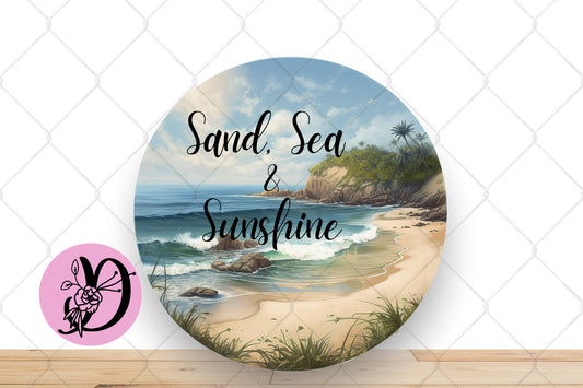 Beach Wreath Sign, Sand Sea and Sunshine Round Metal Sign, Sign For Wreath, Wreath Sign