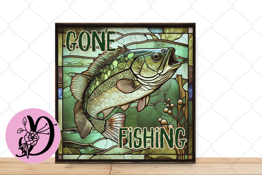 Fishing Wreath Sign, Stained Glass Gone Fishing square metal sign, sign for wreath, Outdoor Sign, Desert Wreath Sign's