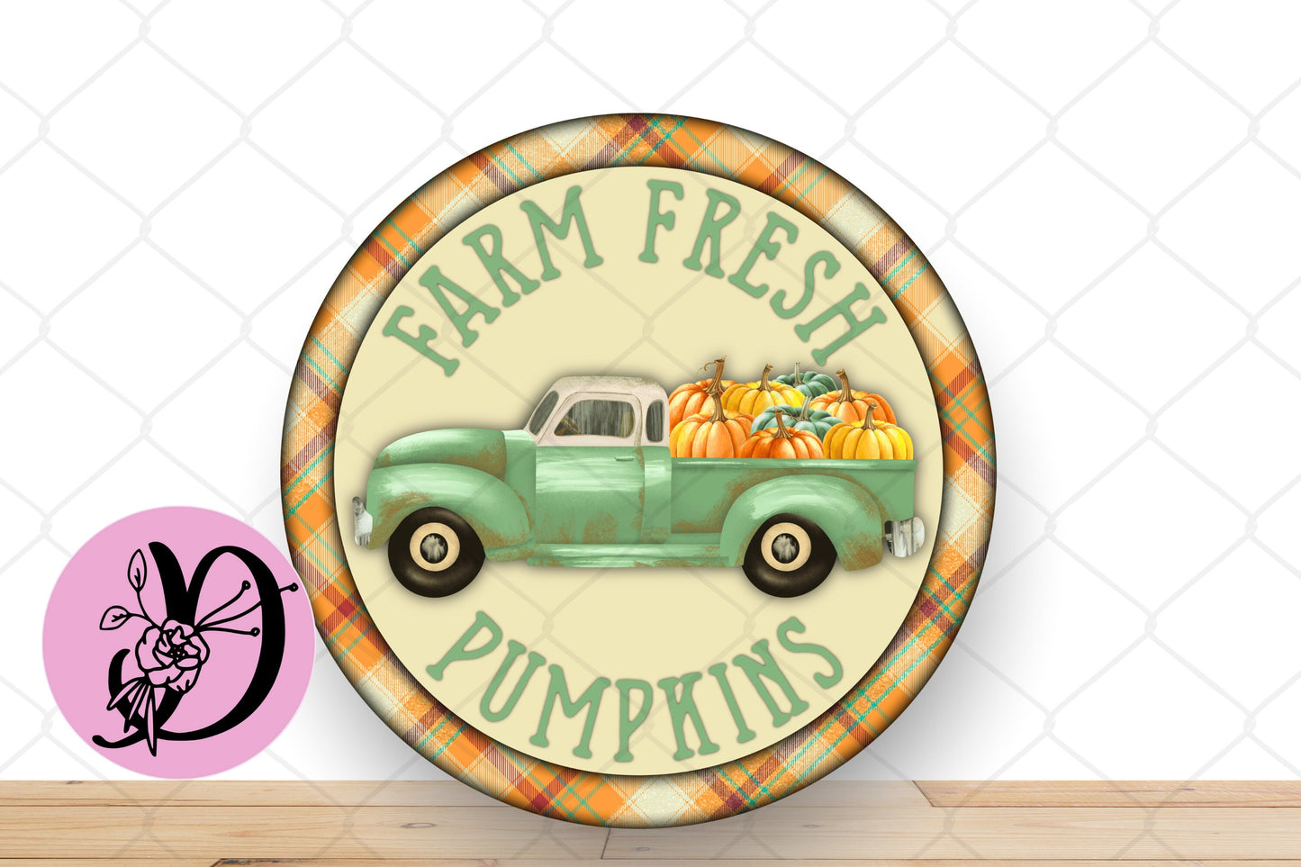 Fall Wreath Sign, Green Truck Farm Fresh Pumpkin's Fall Round Metal Sign, Sign For Wreath, Desert Wreath Signs