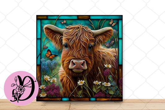 Highland Cow Wreath Sign, Stained Glass Highland Cow Square Metal Sign, Sign For Wreath, Highland Cow Decor