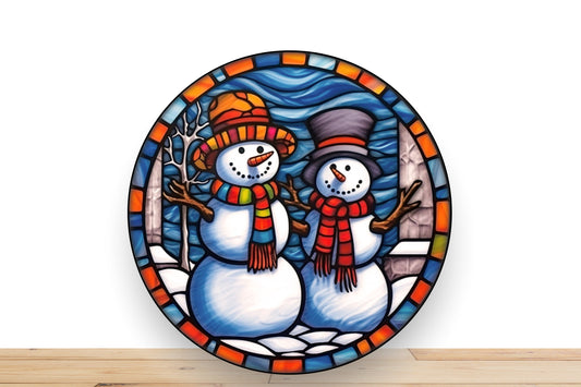 Christmas Snowman Wreath Sign, Faux Stained Glass Double Snowmen Round Metal Sign, Desert Wreath Signs