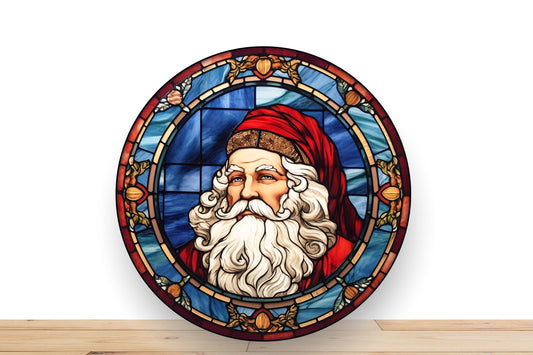 Christmas Santa Faux Stained Glass Round Wreath Sign, Desert Wreath Signs