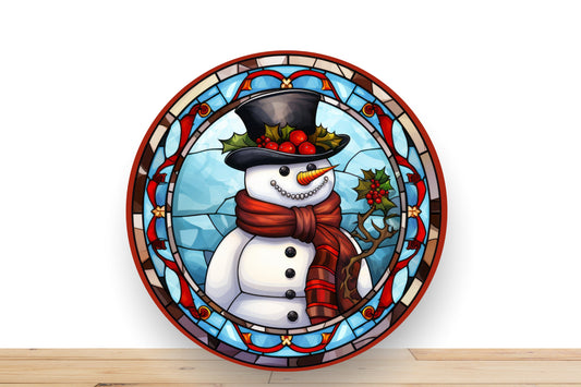 Christmas Snowman Wreath Sign, Faux Stain Glass Snowman Round Metal Sign, Desert Wreath Sign