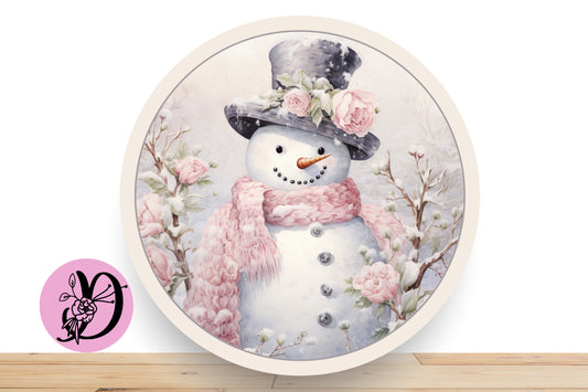 Christmas Wreath Sign - Blush Pink Snowman with Black Hat, Pink Roses, Snowy Background