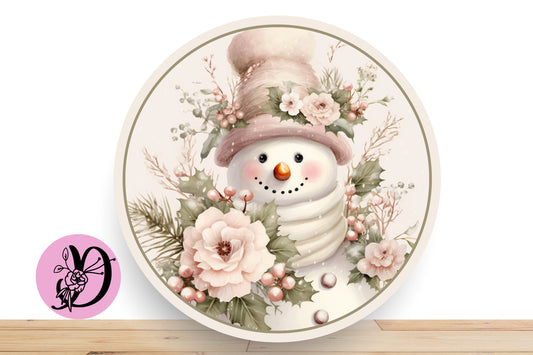 Christmas Wreath Sign - Blush Pink Snowman, Greenery, Blush Berries, Snowy Background