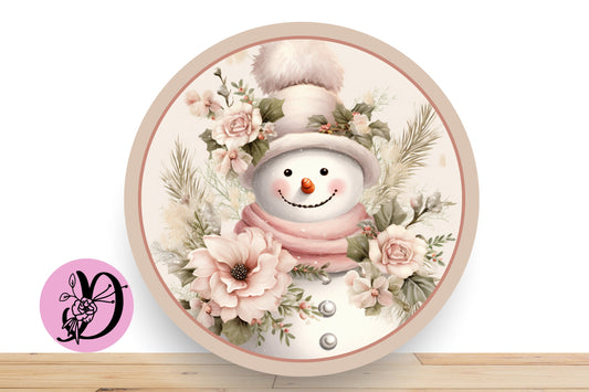 Christmas Wreath Sign - Pink Snowman, Tan, Blush Pink Roses, Wintery Background