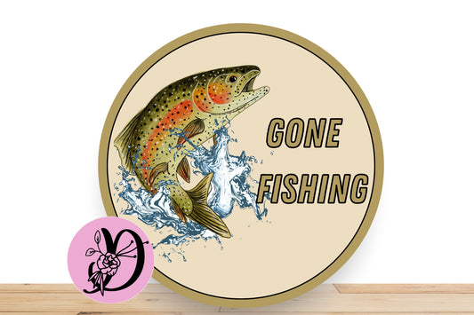 Trout Fishing Wreath Sign, Trout Gone Fishing Round Metal Sign, Sign For Wreath, Wreath Sign