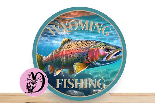 Trout Fishing Wreath Sign, Wyoming Trout Fishing Round Metal Sign, Sign For Wreath, Wreath Sign