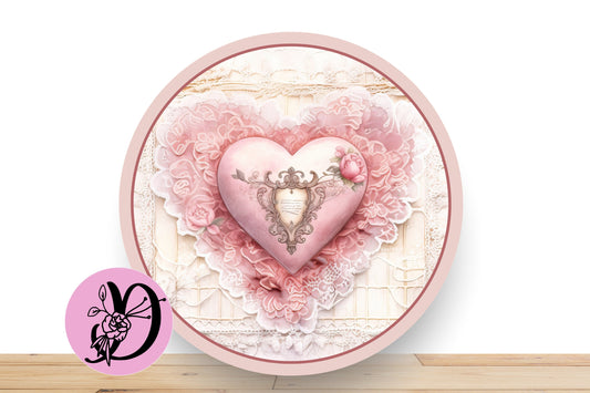 Valentine Pink and White Lace Heart, Wreath Sign, Round Flat Aluminum Sign For Wreath