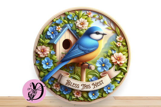 Blue Bird With Bird House Wreath Sign, God Bless This NestFlat Round Aluminum Sign For Wreath, Desert Wreath Signs