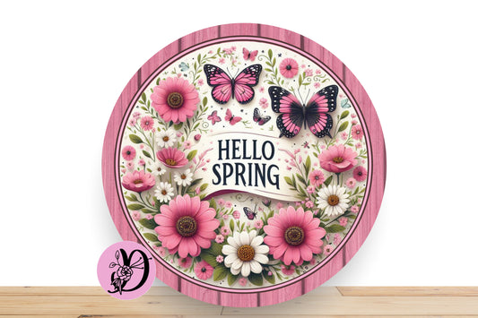 Spring Wreath Sign, Pink Floral and Butterfly Wreath Sign, Round Flat Aluminum Sign For Wreath