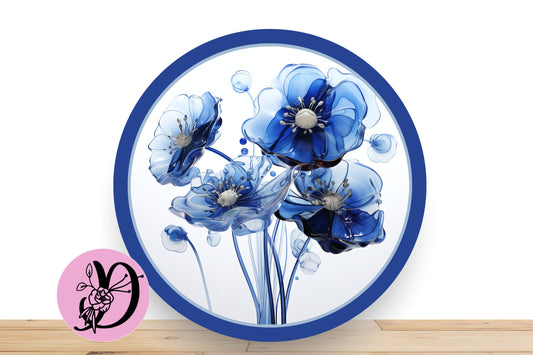 Spring Wreath Sign, Blue Floral Water Drop Sign, Round Flat Aluminum Sign For Wreath