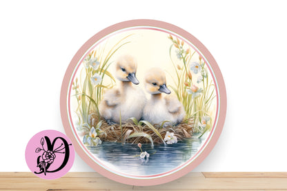 Easter Spring Wreath Sign, Ducks Floating on a Pond, Round Flat Aluminum Sign For Wreath