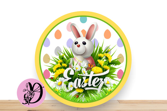 Easter Wreath Sign, Bunny With Flowers and Eggs Wreath Sign, Flat Round Aluminum Sign For Wreath