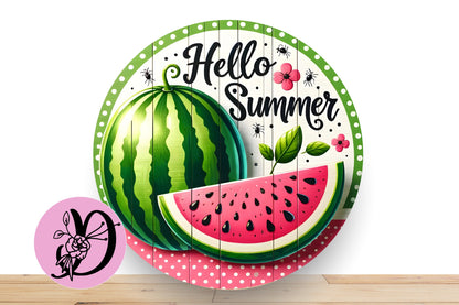 Watermelon Wreath Sign, Hello Summer Round Flat Aluminum sign for wreath, Pink Watermelon Sign