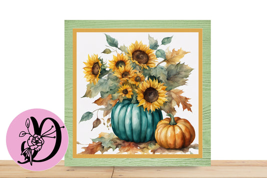 Autumn Fall Wreath Sign, Turquois And Tan Pumpkins With Sunflowers Wreath Sign, Square Flat Aluminum Sign For Wreath