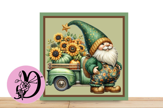 Fall Autumn Gnome Wreath Sign, Gnome With Truck Full Of Sunflowers, Flat Square Aluminum Sign For Wreaths,