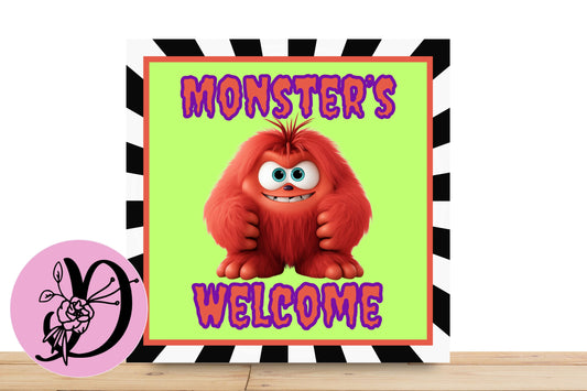 Halloween Monsters Welcome Wreath Sign, Orange Monster with Lime Green Background Square Flat Aluminum Sign For Wreath