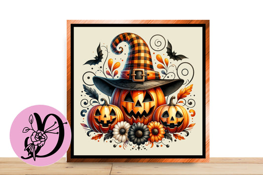 Halloween Jack O Latern Wreath Sign, Jack O Latern Pumpkin With Bats Square Flat Aluminum Sign For Wreath