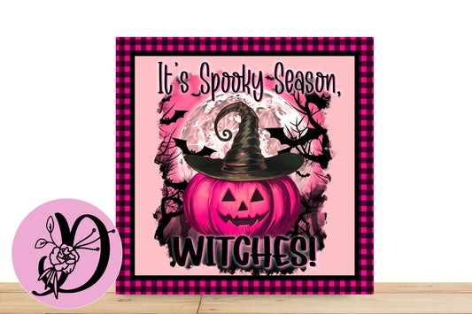 Halloween Pink Jack O Latern Wreath Sign, Its Spooky Season Witches Pumpkin With Bats Square Flat Aluminum Sign For Wreath