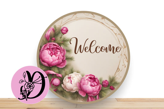 Fall Autumn Welcome Wreath Sign, Round Flat Aluminum Sign For Wreath, Dark Pink and Cream Peony Floral Fall Sign