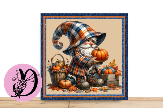 Fall Autumn Gnome Wreath Sign, Navy and Orange Pumpkins Gnome Sign, Flat Square Aluminum Sign For Wreaths,