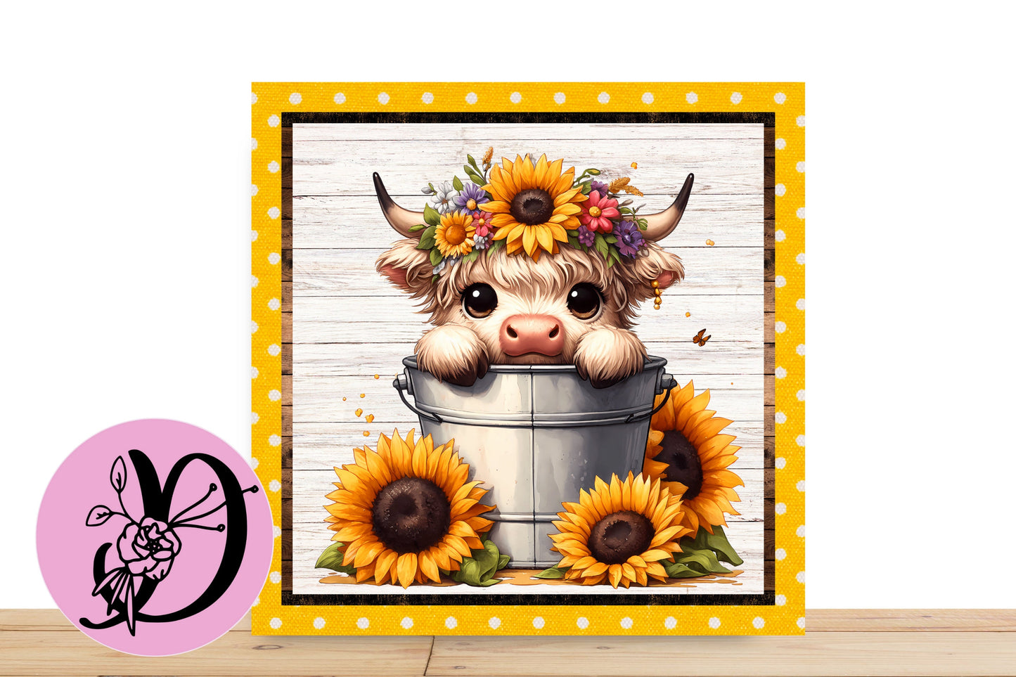 Highland Cow Sunflower Wreath Sign, Highland Cow Sitting In a Bucket Square Flat Aluminum Sign for Wreath