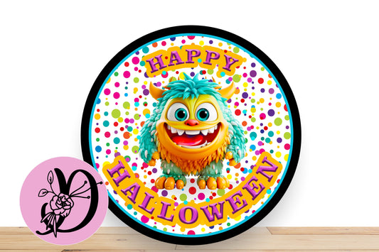 Halloween Monster Wreath Sign, Happy Halloween Multiple Color Monster Round Flate Aluminum Sign for Wreath