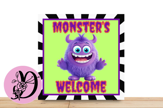 Halloween Monsters Welcome Wreath Sign, Purple Monster with Lime Green Background Square Flat Aluminum Sign For Wreath