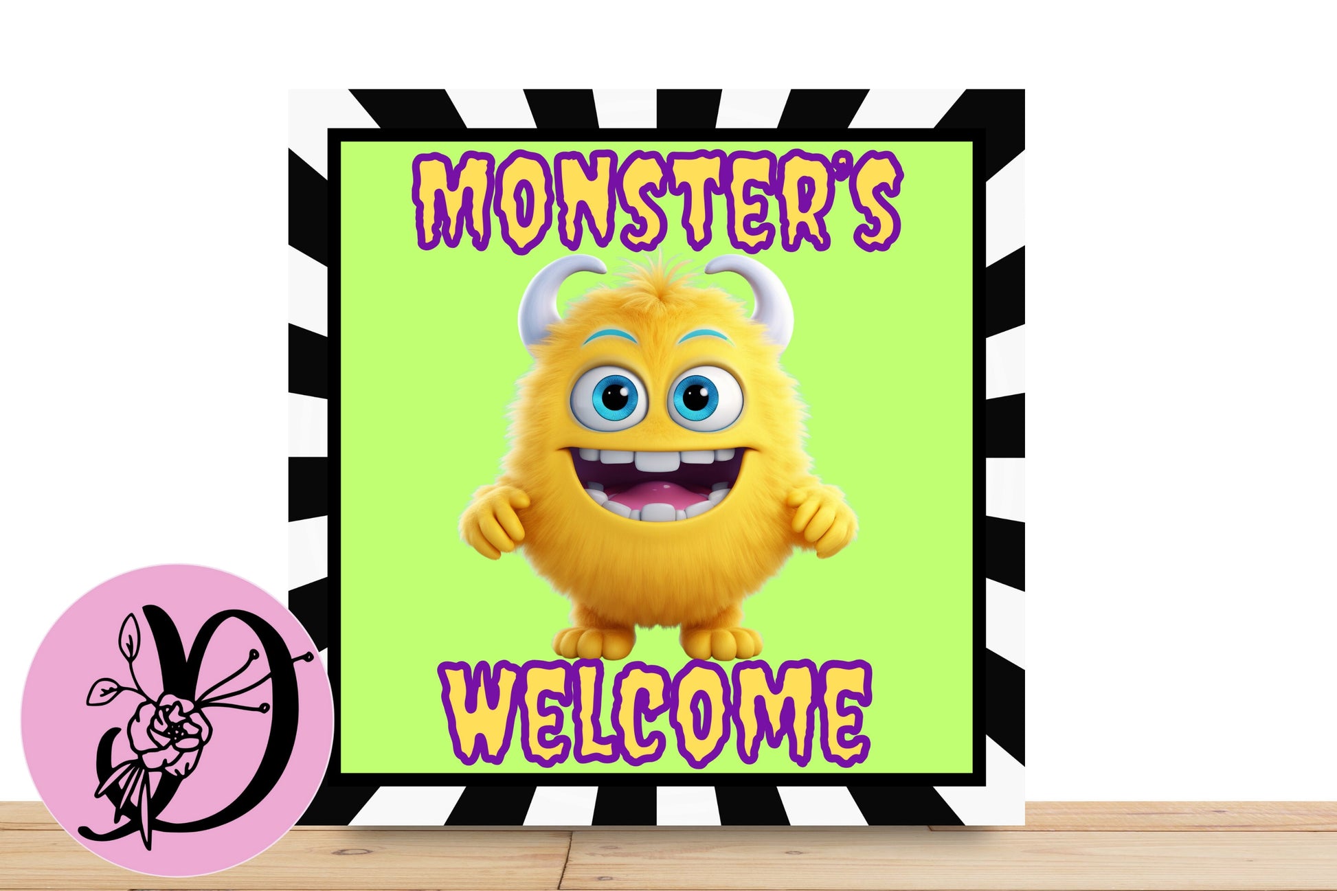 Halloween Monsters Welcome Wreath Sign, Yellow Monster with Lime Green Background Square Flat Aluminum Sign For Wreath