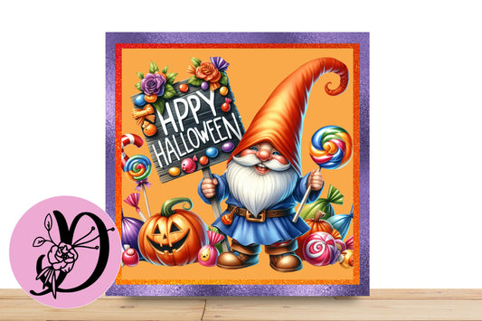 Happy Halloween Gnome Wreath Sign, Gnome Candyland Halloween Sign, Square Flat Aluminum Sign For Wreath